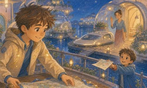 Léo, jeune homme souriant aux cheveux bruns en bataille, pose une grande carte soyeuse ornée de rubans bleus et dorés sur une table en bois du balcon d’un module d’un archipel d’habitats flottants en forme de coquillages et bulles de verre; sa mère, une femme d’environ 35 ans au chignon, lui fait un petit signe depuis le hangar, un garçon d’environ 8 ans tend depuis la passerelle un dessin marqué 