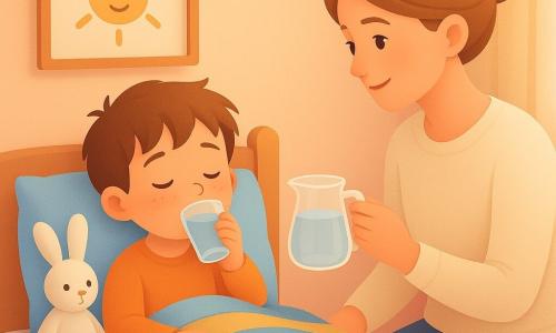 Un garçon de 4 ans au visage rond, cheveux bruns en bataille et taches de rousseur, fatigué mais apaisé et souriant doucement, est assis dans son lit d'enfant en tenant un petit gobelet d'eau translucide à ses lèvres; à sa droite sa maman d'environ 30 ans, châtain clair en chignon et pull crème, assise sur le bord du lit lui tend une petite carafe en verre; la chambre petite et cosy aux murs pêche avec un cadre soleil, couverture en laine rayée bleu et jaune, peluche de lapin blanche et table de chevet en bois clair avec une lampe et un verre d'eau supplémentaire, baigne dans une lumière matinale douce, scène tendre et réconfortante d'un enfant malade mais apaisé veillé par sa mère.
