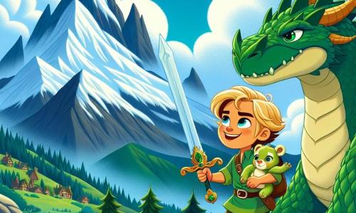 Léo, un jeune homme aux cheveux dorés et aux yeux brillants, se tient courageusement au sommet d'une montagne avec son épée décorée d'un dragon. Son visage exprime une détermination joyeuse en regardant le dragon Émeraude, un immense reptile aux écailles vert émeraude, à ses côtés. Mia, sa petite sœur de six ans aux cheveux châtains et aux yeux pétillants, se tient en retrait, émerveillée, avec un doudou dans les bras. Le décor est une montagne majestueuse avec des sommets enneigés sous un ciel bleu, entourée de forêts luxuriantes. Léo et Émeraude, unis dans une amitié inattendue, sont prêts à descendre vers le village pour montrer que la peur peut être surmontée par la gentillesse et l'amitié.