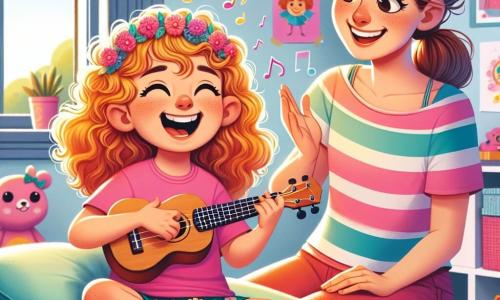 Clara, une fille de 8 ans aux cheveux bouclés et dorés, est assise sur un coussin moelleux dans sa chambre, souriante et excitée. Elle porte un t-shirt rose et un short à fleurs, tenant un ukulélé. Sa maman, une femme douce d'environ 35 ans avec des cheveux châtains et des lunettes, l'observe avec bienveillance, assise sur le bord du lit et lui faisant un signe d'encouragement. La chambre est lumineuse, décorée de dessins colorés, avec des jouets éparpillés et une fenêtre ouverte laissant entrer la lumière du soleil. Clara invente une chanson joyeuse, entourée de notes de musique, tandis que sa maman l'encourage avec fierté.