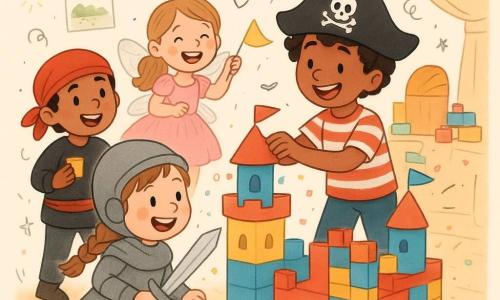 Huit enfants costumés s'affairent joyeusement dans la grande salle des fêtes de la mairie au sol en parquet clair, tables couvertes de blocs multicolores : une fille de 8 ans en costume de chevalier tresse châtain clair brandit une épée en plastique en courant entre des blocs, Hugo, garçon de 8 ans aux cheveux bouclés noirs portant un chapeau de pirate, l'aide à placer une tour, une fille déguisée en fée en robe rose pailletée et ailes tient une petite bannière derrière la table de construction, un garçon déguisé en pirate avec un bandana rouge pose une pièce de château à gauche ; ensemble ils construisent un grand château de briques rouges, bleues et jaunes orné de petits drapeaux et confettis, l'atmosphère est lumineuse et chaleureuse avec un style graphique aux couleurs vives, traits arrondis, textures papier/crayon et petits doodles autour des personnages.