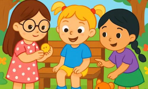Il y a trois personnages : Lila, une fille de 6 ans avec de longs cheveux bruns et des lunettes rondes, portant une robe rose à pois blancs et tenant un petit bouton doré. Zoé, une fille de 5 ans avec des cheveux blonds en couettes et un t-shirt bleu, observe le bouton. Mia, une fille de 6 ans avec des cheveux noirs et une tresse, porte une jupe verte et pointe vers un doudou. L'action se déroule dans un jardin ensoleillé rempli de fleurs et d'arbres, avec un banc en bois où les enfants jouent. Les trois petites détectives examinent le bouton doré qu'elles ont trouvé, curieuses et concentrées pour résoudre le mystère.