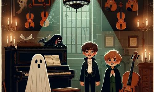 Dans une salle de musique sombre, trois enfants se tiennent au centre. Louis, 10 ans, porte un drap blanc en costume de fantôme. À sa droite, Max, 9 ans, est déguisé en vampire avec un manteau noir et du faux sang. À gauche, Camille, 10 ans, est en robe de sorcière verte avec un chapeau noir. La salle contient des instruments anciens, un piano poussiéreux et des violons accrochés aux murs, avec des toiles d'araignées au plafond. Une lumière douce provient d'un coffre au fond, illuminant les enfants. Ils chantent ensemble, leurs voix résonnant dans l'air, tandis qu'une ombre dansante les encourage. L'atmosphère est magique et légèrement effrayante, remplie de rires et d'aventure.