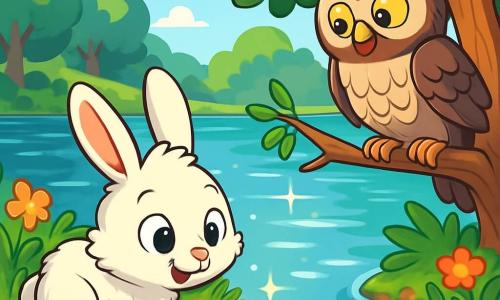 Un petit lapin nommé Albin, au pelage blanc et aux yeux brillants, se tient au bord d'un lac scintillant, émerveillé. À proximité, un vieux hibou sage, aux plumes brunâtres et grises, l'observe avec bienveillance. Le cadre enchanteur du lac des Reflets est entouré de fleurs colorées et d'arbres luxuriants, tandis que la lumière du soleil crée des éclats sur l'eau. Albin se penche pour admirer son reflet dans le lac, découvrant des formes et des couleurs dansantes, tandis que le hibou, prêt à partager les secrets de la forêt, l'observe avec sagesse.