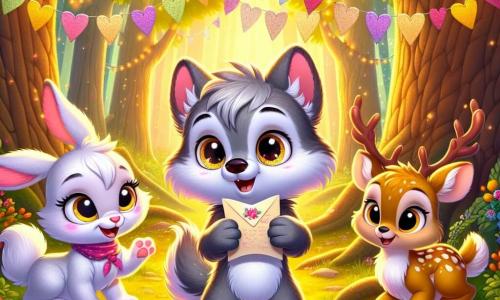 Un petit loup nommé Lulu, avec des yeux pétillants et un pelage gris, se tient dans une clairière, excité. Il sourit malicieusement en tenant une lettre parfumée, entouré de fleurs colorées. À sa droite, Lila, une lapine blanche aux grandes oreilles, l'observe avec anticipation, tandis qu'à sa gauche, Faon, un jeune faon brun doré, sourit, curieux de découvrir le contenu de la lettre. La clairière est illuminée par une lumière dorée, ornée de guirlandes de baies rouges et de lucioles. Des cœurs en papier décorent un grand chêne, et des confettis flottent dans l'air. Lulu, Lila et Faon s'apprêtent à dévoiler le mystère de la lettre d'amour, dans une ambiance festive de la Saint-Valentin.