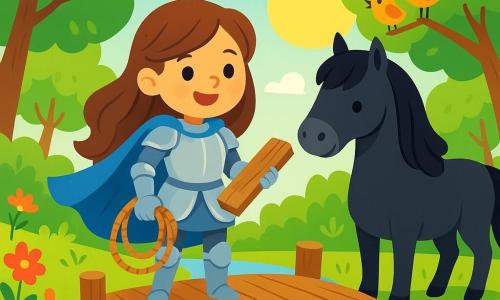 Une chevaleresse nommée Luna se tient sur un petit pont en bois, souriante et déterminée. Elle porte une armure légère en argent et une cape bleue flottant au vent, avec de longs cheveux bruns. Elle est prête à réparer le pont, tenant une corde dans une main et une planche dans l'autre. À ses côtés, son cheval noir, calme et confiant, observe la situation. En arrière-plan, une forêt verdoyante avec des arbres aux feuilles éclatantes et des fleurs colorées borde un ruisseau scintillant. La scène dépeint Luna réparant le pont, entourée de fleurs et d'oiseaux, créant une atmosphère joyeuse et aventureuse.