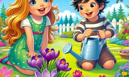 Émilie, une fille de 8 ans aux longs cheveux dorés et aux yeux pétillants, est agenouillée dans le jardin, émerveillée par un crocus violet. À côté d'elle, Lucas, un garçon de 8 ans aux cheveux noirs en bataille et au sourire espiègle, tient un petit arrosoir en plastique. Le jardin est rempli de couleurs éclatantes, avec des fleurs, de l'herbe verte et un ciel bleu clair. Un rouge-gorge chante sur une branche, ajoutant de la vie à cette scène printanière. Émilie et Lucas plantent des fleurs ensemble, entourés de rires, symbolisant le renouveau du printemps.