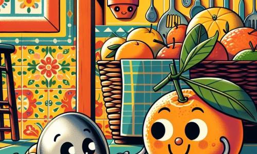 Célestin, une petite cuillère en métal brillant avec des yeux rieurs gravés sur son manche, rampe sous une table, curieux et excité. À proximité, une mandarine souriante, avec une peau orange éclatante et des feuilles vertes, l'observe avec bienveillance, prête à l'aider. Le décor est une cuisine chaleureuse et colorée, avec des murs joyeux et une grande fenêtre laissant entrer la lumière du soleil. Célestin cherche le couvercle de la cafetière, entouré de miettes qui l'encouragent, créant une ambiance d'aventure et de camaraderie.