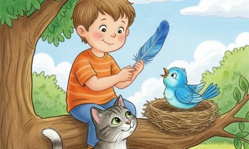 Garçon de 2 ans au visage rond, cheveux châtains courts, sourire timide et yeux brillants, assis sur une grosse branche basse en tenant une grande plume bleue ; Minou, chat rayé gris et blanc aux yeux verts, est sur le tronc en dessous et le regarde, queue enroulée ; un petit oiseau bleu vif perché près dans un nid, tête inclinée comme pour chanter ; jardin ensoleillé avec un grand arbre à feuilles épaisses, herbe verte, fleurs jaunes et ciel bleu pâle avec nuages cotonneux ; scène douce et tranquille, ambiance chaleureuse, couleurs saturées, texture crayon visible, traits simples et arrondis exprimant complicité et émerveillement.