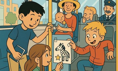 Quatre enfants de 7 ans dans l'arrière d'un bus lumineux : Samir, garçon aux cheveux noirs courts et tee-shirt bleu marine, tient un carnet et montre une affiche légèrement de travers ; Lila, fille en robe jaune à pois, assise à côté, rit en tenant un crayon et un autocollant étoile ; Hugo, garçon blond en sweat rouge, fait une petite danse comique sur la banquette ; Zoé, fille aux longs cheveux bruns et pull vert, est accroupie et recolle l'affiche avec du ruban ; on devine à l'avant le siège du chauffeur moustachu souriant, une dame au grand chapeau et un bébé flous en arrière-plan ; ambiance chaleureuse, couleurs vives, style bande dessinée enfantin, ils installent un « coin calme » avec une affiche décorée d'un zèbre et d'une étoile.
