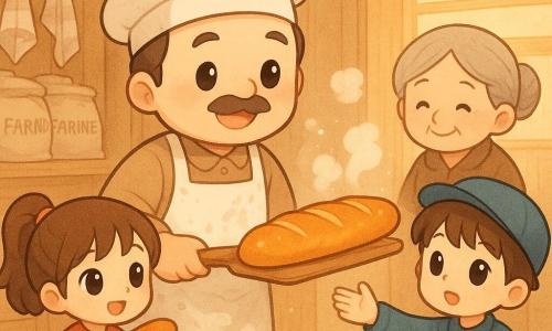 Un boulanger d’environ 35 ans au visage rond, fine moustache et sourire chaleureux, portant un tablier blanc taché de farine, sort une baguette fumante et dorée du four avec une grande pelle en bois ; à gauche du comptoir une fillette de 6 ans aux couettes tient la baguette contre sa poitrine émerveillée, à droite un garçon d’environ 8 ans en casquette bleue tend la main vers la croûte sans la toucher, et derrière eux une vieille dame aux cheveux gris en chignon sourit en tenant un sac en tissu ; l’atelier est petit et chaleureux — murs en bois clair, étagères de sacs de farine, torchons, table farinée et grand four en pierre ouvert — baigné d’une lumière dorée du matin ; la scène capture le pain sorti du four avec sa vapeur douce, sa croûte craquelée et les particules de farine flottant dans l’air, créant une atmosphère réconfortante aux couleurs chaudes et textures visibles.