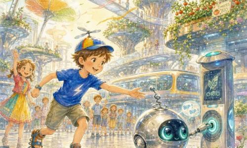 Lucas, garçon de 8 ans aux cheveux châtain courts, tee-shirt bleu électrique, casquette à hélice et sandales à ressorts, court en souriant pour aider Orio, un petit robot-guide sphérique argenté aux grands yeux bleu-vert et antenne tordue, qui se positionne devant une borne de recharge au centre d'une grande place énergétique futuriste aux pavés lisses, panneaux solaires en forme de fleurs, passerelles transparentes et jardins suspendus ; derrière Lucas, Mila, fille joyeuse d'environ 8 ans en robe colorée, lui fait signe depuis la foule d'enfants, tandis que Madame Zhou, femme d'environ 60 ans aux cheveux gris rassemblés, arrose des tomates sur un toit ; ambiance matinale douce, vents légers, rubans et feuilles flottants, atmosphère d'entraide et de calme technologique.