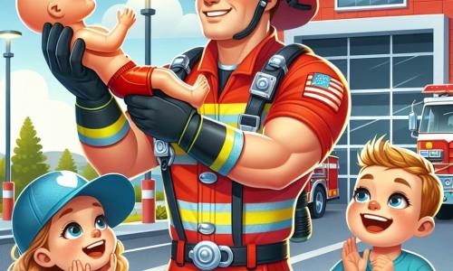 Lucas, un pompier souriant, est au centre de l'image, portant un uniforme rouge vif et soulevant un mannequin en plastique qu'il vient de sauver, avec fierté. À ses côtés, Sarah, une petite fille de 8 ans, l'admire, les mains sur les joues, tandis que Maxime, un garçon de 7 ans, levé la main en criant 