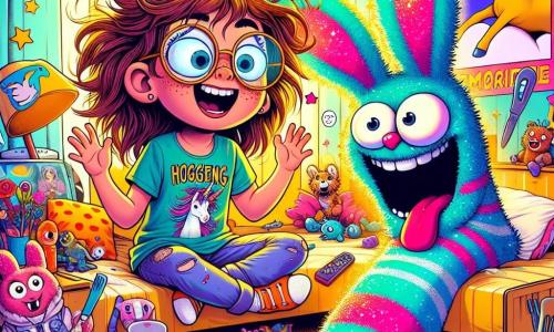 Myrtille, une fille de 12 ans avec des cheveux châtains en bataille et des lunettes rondes, exprime une surprise joyeuse en tenant une chaussette rayée bleu et orange qui sourit. Elle est assise sur son lit, entourée de coussins colorés. À côté, un lapin fluorescent grignote des devoirs éparpillés, tandis que des fourchettes chantantes dansent autour d'eux, créant une ambiance festive. Sa chambre est décorée de posters de licornes et de planètes, avec un bureau en désordre. La lumière du soleil filtre à travers les rideaux, ajoutant une touche magique. Myrtille découvre que sa chaussette parle et que son lit se transforme en un monde d'animaux et d'objets vivants, créant une atmosphère d'émerveillement.