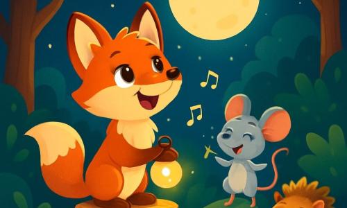 Dans une forêt enchantée, un petit renard roux nommé Félix se tient sur une souche, regardant la lune avec émerveillement. Il est éclairé par une veilleuse en forme de luciole. À ses côtés, Mimolette, une souris grise, danse joyeusement sur une feuille, tandis que Pipo, un hérisson aux piquants dorés, se cache derrière un buisson, riant. La scène se déroule sous un ciel étoilé, où la lune illumine les arbres, créant une atmosphère magique. Félix, Mimolette et Pipo chantent ensemble, transformant la nuit en un moment joyeux.