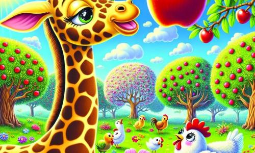 Une girafe nommée Gigi, avec un long cou tacheté et un grand sourire, se tient dans un verger ensoleillé, entourée de fleurs colorées. Ses grands yeux brillants montrent son excitation alors qu'elle tend le cou vers une pomme rouge accrochée à une branche haute. Des poules rieuses, avec des plumes blanches et brunes, picorent près d'elle, observant Gigi avec amusement. Le verger est rempli d'arbres chargés de fruits, sous un ciel bleu parsemé de nuages. Gigi essaie d'attraper une pomme, mais elle est sur le point de tomber dans un buisson de fleurs, créant un moment amusant.