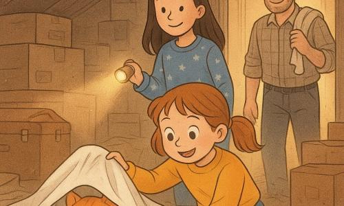 Une fillette de 6 ans aux couettes châtain clair, pull jaune moutarde et jupe en jean, à genoux dans un grenier poussiéreux, soulève un drap avec étonnement; sa sœur de 8 ans en pyjama bleu à étoiles tient une petite lampe et sourit complice derrière elle; leur père barbu, chemise à carreaux, se tient dans l'encadrement de la porte, éclairé par la pièce du dessous; le chat roux Nougat, patte avant maculée de boue, sort d'un tas de cartons; le grenier est rempli de cartons, toiles d'araignée, une vieille valise, planches claires et un rayon de soleil montrant la poussière; ambiance chaleureuse et curieuse, textures visibles (poussière, bois, tissu, boue) et palette douce (ocres, bleus pastel, jaune), style bande dessinée douce à lignes claires et traits arrondis, composition centrée sur la fillette découvrant le chat.