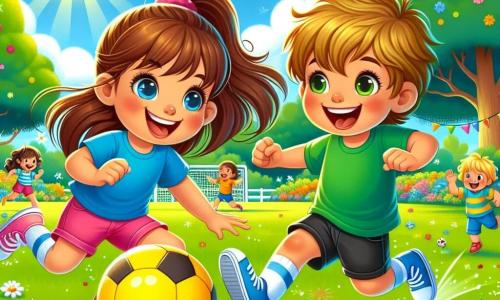 Emma, une petite fille de 8 ans, a de longs cheveux bruns en queue de cheval. Elle porte un t-shirt bleu, un short rose et des baskets blanches. Son visage exprime la joie alors qu'elle court après un ballon de football jaune, prête à marquer un but. À côté d'elle, Léo, un garçon de 7 ans avec des cheveux blonds en bataille, porte un t-shirt vert et un short noir. Il rit en essayant de frapper le ballon, ses yeux brillants d'excitation. La scène se déroule dans un parc verdoyant avec des arbres et des fleurs colorées, sous un ciel bleu clair. Emma et Léo jouent ensemble, courant et riant, s'amusant à faire des passes et à s'entraîner pour devenir de futurs champions de football.