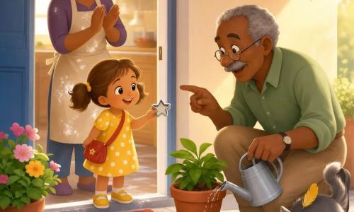 Lila, 4 ans, souriante et concentrée, tient dans la main droite un petit emporte-pièce étoile, porte un sac rouge en bandoulière, une robe à pois, chaussures jaunes et deux couettes châtain clair; la maman (30–35 ans) l’observe depuis l’encadrement de la porte, applaudissant doucement, cheveux attachés et tablier taché de farine; Monsieur René (65–70 ans), accroupi dehors, arrose une plante en pot en terre cuite, lunettes fines et moustache grise, pointe l’emporte-pièce du doigt comme s’il venait de le trouver; un petit chat gris au pelage duveteux avec une plume jaune se faufile près de ses pieds; scène au seuil d’une maison coquette avec paillasson rayé, carrelage blanc parsemé de traces de farine et lumière douce du matin — Lila découvre l’emporte-pièce sur le paillasson, échange un sourire complice avec Monsieur René tandis que la maman les regarde, ambiance chaleureuse.