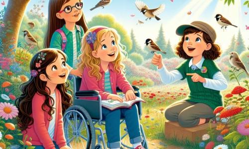 Dans un parc printanier, quatre filles explorent la nature entourées de fleurs et d'arbres en bourgeons. Léa, 11 ans, avec de longs cheveux bruns et des lunettes, sourit en tenant un carnet. Chloé, aussi 11 ans, en fauteuil roulant et t-shirt rose, admire les oiseaux. Amira, 11 ans, avec des cheveux bouclés et une robe verte, montre des moineaux perchés. Sophie, 11 ans, aux cheveux châtains et casquette, observe une coccinelle. Le parc est lumineux, les filles partagent leurs découvertes et s'émerveillent de la beauté du printemps.