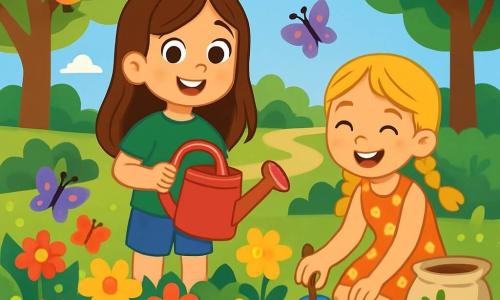 Une petite fille de 8 ans, Margot, avec de longs cheveux bruns, porte un t-shirt vert et un short en jean. Elle sourit fièrement en tenant un arrosoir rouge, entourée de fleurs dans un jardin communautaire. À ses côtés, sa meilleure amie Léa, également âgée de 8 ans, a des cheveux blonds en tresses et porte une robe à fleurs. Elle plante des graines avec un grand sourire. Le jardin, situé dans un parc ensoleillé, est rempli de verdure, d'arbres majestueux et d'un ciel bleu éclatant. Des papillons volent autour des fleurs et des oiseaux chantent. La scène montre Margot et Léa travaillant ensemble avec enthousiasme, entourées de sacs de terre et d'outils de jardinage, transformant le parc en un lieu accueillant.