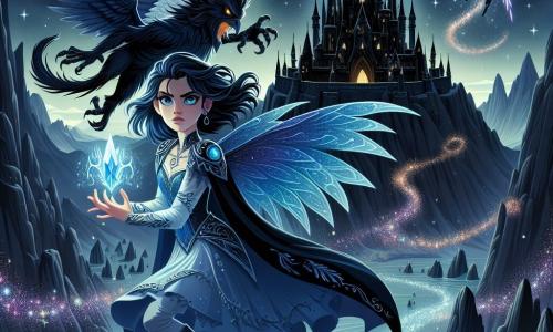 Elara, une jeune femme aux cheveux bleus et aux yeux brillants, se tient devant un château noir sur un sommet. Elle brandit un cristal lumineux, symbole de son pouvoir. À ses côtés, Kael, un Drakonien aux plumes chatoyantes, vole dans les airs, prêt à l'assister. Le château est entouré d'un ciel étoilé, avec des éclairs d'énergie magique. Elara et Kael se préparent à affronter le Sorcier de l'Ombre, qui émerge des ombres du château en lançant des éclairs d'énergie sombre. L'atmosphère est tendue, annonçant un affrontement entre la lumière et l'obscurité.