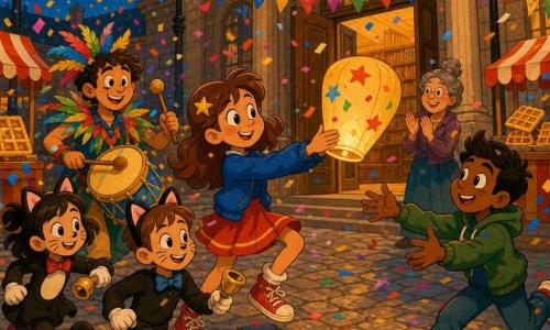 Fille de 12 ans au visage rond et cheveux châtain clair retenus par une pince étoile, expression déterminée et joyeuse, tient délicatement un petit lampion en papier décoré ; à sa droite Amir, garçon d’environ 12 ans à peau mate et cheveux noirs courts, souffle encore essoufflé et sourire fier, bras ouverts pour attraper le lampion ; légèrement en arrière à gauche un garçon musicien d’environ 13 ans joue d’un tambour jaune, costume à plumes ; au premier plan gauche deux enfants déguisés en chats (8–10 ans) courent en sonnant des clochettes ; près des portes ouvertes de la grande bibliothèque en pierre, la bibliothécaire Mme Pruvost, femme d’environ 50 ans aux cheveux gris en chignon, sourit et applaudit ; lieu : place pavée décorée de guirlandes multicolores, stands de gaufres et une banderole “Carnaval”, confettis en suspension ; situation : une brise fait rouler le lampion sur les pavés, les enfants improvisent une chorégraphie synchronisée pour le rattraper, tambour cadencé et sirènes en rollers en arrière-plan, le lampion finit posé contre les mains d’Amir et tenu par la fille dans une lumière chaude et vacillante ; style : palette vive et contrastée, lignes courbes exagérées façon rubber hose, textures papier pour le lampion, éclats de lumière ponctuels et mouvement fluide.