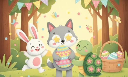 Loulou, petit loup pelucheux au centre tenant un grand œuf de Pâques coloré, Clara, tortue souriante à droite touchant l'œuf, et Max, lapin bondissant à gauche entouré de confettis, dans une clairière ensoleillée avec guirlandes, un panier d'œufs et papillons en papier ; style aux couleurs pastel, textures papier et contours simples, ambiance festive et rassurante pour enfants.