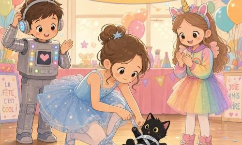 Léa, 10 ans, joyeuse et concentrée, porte un tutu bleu ciel pailleté et tient un long ruban qui dessine des arabesques pendant qu’elle s’accroupit pour libérer un petit chaton noir accroché au ruban; à droite Zoé, en costume de licorne arc‑en‑ciel, sourit en regardant le ruban, et à gauche Max, en robot lumineux, applaudit en ajustant ses antennes; la salle des fêtes aux guirlandes, ballons et lumières tamisées crée une ambiance chaleureuse et festive, style graphique kawaii minimal aux couleurs pastel saturées, contours nets et formes rondes.