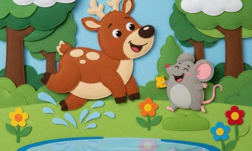 Un renne dodu au pelage brun et taches crème, cornes beige et expression joyeuse, saute avec les pattes arrière repliées tandis que des gouttelettes d’eau éclaboussent ses sabots; à sa droite, Mimi la petite souris grise aux grandes oreilles roses rit en tenant un morceau de fromage sur un coussin d’herbe; en arrière-plan une forêt ensoleillée aux arbres et fleurs en feutrine, ciel bleu à gros nuages blancs, et au premier plan une grande flaque d’eau en feutrine brillante reflétant le renne; style simple et lisible, formes arrondies, couleurs vives et textures de feutrine, composition centrée et joyeuse pour tout-petits.