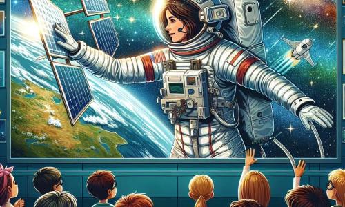 Au centre de l'image, l'astronaute Camille Floreau flotte dans l'espace, portant une combinaison spatiale argentée et un casque transparent qui révèle son sourire. Ses cheveux bruns, attachés en queue de cheval, dansent autour d'elle alors qu'elle ajuste un panneau solaire avec concentration. À proximité, un groupe d'enfants, âgés de 10 à 12 ans, l'observe avec admiration à travers un écran vidéo. Lucas, avec ses lunettes rondes, lève la main, tandis qu'Emma sourit émerveillée. Ils sont dans une salle de classe entourée de posters d'étoiles. Le décor montre l'immensité de l'espace, avec des étoiles scintillantes et la Terre en arrière-plan, ainsi que la station spatiale Horizon. Camille répare un panneau solaire pendant que les enfants l'encouragent, créant un lien entre l'espace et leur classe.