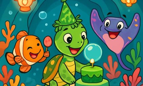 Timéo, une petite tortue de mer à la carapace brillante ornée de taches dorées, sourit joyeusement sous un chapeau décoré d'algues, soufflant sur une bulle posée sur un gâteau à l'algue. À sa droite, Rita la raie applaudit avec enthousiasme, tandis qu'à gauche, Pablo le poisson-clown danse en tenant un coquillage musical. Le décor est une grotte sous-marine illuminée par des lanternes en coquillage, ornée de coraux colorés et d'étoiles de mer. Timéo célèbre son anniversaire entouré de ses amis, avec rires, jeux et un magnifique gâteau, tandis que des éclats de lumière ajoutent à la magie du moment.