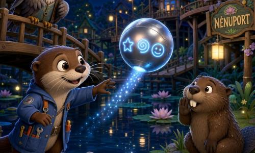 Mira, jeunne loutre de dix ans au pelage brun et veste bleue remplie d’outils, tend la main avec son tournevis Tourni vers une petite sphère extraterrestre métallique flottant au‑dessus de l’eau, surface argentée lisse et lueur bleue pulsante, trois symboles lumineux (étoile, spirale, sourire) projetés sur sa coque et un faisceau de points brillants dirigé vers la rive ; derrière elle, un vieux hibou bibliothécaire aux plumes grises et yeux ronds incliné sur un pont en bois observe la scène, un castor curieux se tient sur une berge, dents visibles et patte devant la bouche, tandis que l’étang central de Nénuport reste calme comme un miroir réfléchissant les lumières, nénuphars verts, maisons en bois colorées sur pilotis, petits ponts courbés et lampes à lucioles — une rencontre douce et magique nocturne, ambiance paisible aux tons bleu‑argentés rehaussés de touches chaudes.