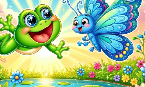 Une grenouille verte et joyeuse, aux grands yeux brillants, vole dans les airs avec ses pattes allongées flottant derrière elle. À côté, un papillon bleu aux ailes scintillantes danse dans le vent, avec des motifs délicats. Le décor est une mare entourée de nénuphars roses et jaunes, reflétant le soleil sur l'eau claire, avec des fleurs colorées et des herbes vertes. La grenouille rit de bonheur en découvrant le monde d'en haut, tandis que le papillon l'encourage à explorer ce nouvel horizon magique.