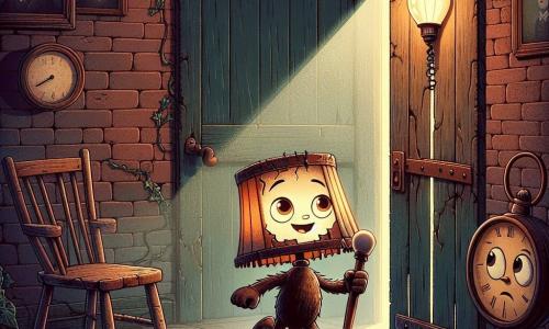 Léo, un lampadaire anthropomorphe avec un abat-jour déchiré et une ampoule clignotante, se tient devant une vieille porte en bois, ses yeux brillants d'excitation et d'appréhension. À ses côtés, une horloge au visage triste regarde Léo avec espoir, tandis qu'une chaise en bois soupire doucement, témoignant de nombreuses années d'attente. Dans une maison ancienne aux murs en briques recouverts de lierre, l'intérieur sombre est rempli de portraits dont les yeux semblent suivre Léo et ses amis. Léo, déterminé, est prêt à ouvrir la porte grinçante menant à un couloir obscur, avec des éclats de lumière illuminant les visages inquiets de l'horloge et de la chaise, tous trois sur le point de découvrir les mystères de la maison.