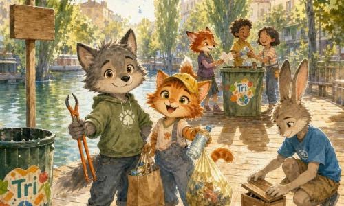 Lino, petit loup gris aux yeux noisette, tient une pince de nettoyage orange et un sac en papier sur un ponton en bois doré au bord d’un canal vert-bleu ; à ses côtés Inès, petite chatte rousse en casquette jaune, tient une bouteille et un sac de déchets, tandis que Mehdi, un lapin adolescent en t-shirt bleu, ferme une boîte à mégots ; derrière eux, une renarde et deux enfants ramassent des papiers et déposent des emballages dans une poubelle métallique verte marquée “Tri”, un petit panneau bois près de l’entrée indique “Ce ponton est partagé. Merci.” L’équipe, fière et sereine après le nettoyage, montre des sacs triés, gestes coopératifs et légers éclats d’eau et poussière aquarellés pour suggérer le mouvement.