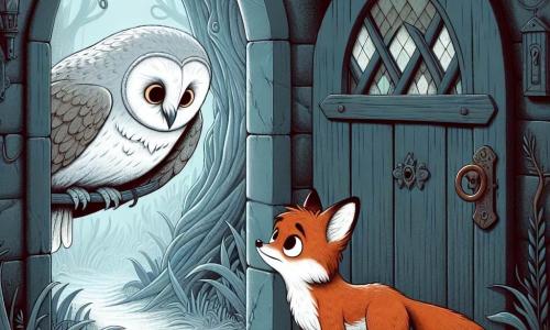 Un jeune renard nommé Lou, aux yeux pétillants et à la fourrure rousse, se tient devant la porte grinçante de la maison des Murmures. Curieux et appréhensif, il pose ses griffes sur la poignée en métal rouillé. À l'intérieur, un hibou immense nommé Athanor flotte, scrutant Lou avec sagesse depuis une branche d'arbre. La maison, faite de pierres sombres et de vitraux décolorés, est enveloppée d'une brume épaisse, créant une atmosphère mystérieuse. Des toiles d'araignée pendent et des ombres dansent sur les murs, ajoutant une touche d'angoisse. Lou hésite à entrer dans cette demeure hantée, où des secrets oubliés l'attendent.