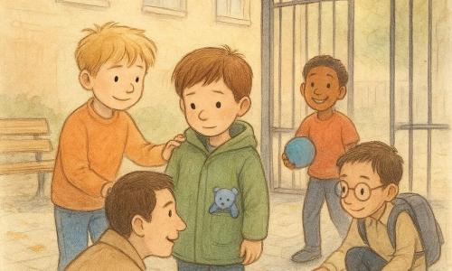 Cinq personnages dans une cour d'école pavée après la récréation : Malo, ~7 ans, châtain court, un doudou bleu dans la poche de son manteau vert, au centre, timide et regardant la grille ; Basile, ~7 ans, blond en bataille, sourire rassurant, à gauche de Malo, main sur son épaule ; Yanis, ~7 ans, peau mate, t-shirt rouge, riant et tenant un petit ballon bleu, légèrement en arrière à droite ; Léo, ~7 ans, lunettes rondes, sac à dos gris, accroupi à droite près de Yanis en train d'observer une voiture ; Papa, 35–40 ans, cheveux bruns courts, manteau beige, accroupi à l'extérieur de la cour face à Malo, bras tendu pour lui prendre la main. Au fond, une grille noire en fer, un banc en bois à gauche, feuilles humides au sol et un grand bâtiment d'école crème aux grandes fenêtres ; ciel clair, soleil bas et ombres longues. Scène tendre et calme d'accueil, expressions douces et gestes de soutien, palette chaude aux tons pastels, textures crayons avec touches d'aquarelle translucide pour la lumière.