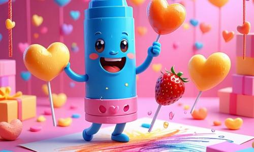 Léo, un crayon bleu souriant, dessine des cœurs colorés sur une feuille rose, entouré de guirlandes en papier crépon. Zoé, une gomme rose joyeuse, saute en tenant un bonbon en forme de fraise. Gaston, un taille-crayon orange, jongle avec des copeaux de bois colorés près d'une table décorée de confettis. La scène se déroule dans une cuisine lumineuse, avec des rayons de soleil illuminant un gâteau en forme de cœur. Léo et ses amis s’amusent à préparer des cartes de Saint-Valentin, partageant rires et joie dans une atmosphère festive.