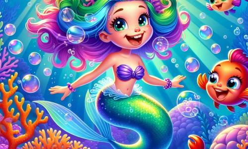 Au centre de l'image, Lila, une sirène aux cheveux en algues multicolores, sourit malicieusement. Sa queue de poisson scintille avec des écailles dorées. Elle chante joyeusement, entourée de bulles d'air. À ses côtés, Bubbles, un petit poisson rouge, nage avec enthousiasme. En arrière-plan, des crabes colorés, cachés derrière des rochers en corail, observent la scène, amusés. Le décor est un jardin de corail vibrant, illuminé par des rayons de lumière dorée. Lila et Bubbles chantent ensemble, prêts à partir à l'aventure à la recherche du trésor perdu du Capitaine Grignote.