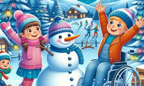 Trois amis, Léa, Tom et Max, sont réunis pour célébrer le Nouvel An. Léa, 8 ans, sourit en tenant un bonhomme de neige, Tom, 9 ans, lève les bras, excité, et Max, également 8 ans et en fauteuil roulant, sourit en tenant une carotte pour le nez du bonhomme. Ils sont dans une station de ski magique, entourés de sapins enneigés et sous un ciel bleu avec des flocons de neige. Leur activité symbolise leur amitié et la magie de cette nuit spéciale.