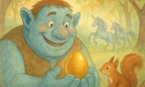 Grimaldo, un ogre aux mains bleu ciel et un large sourire, tient un œuf doré brillant avec émerveillement. À ses côtés, un écureuil curieux l'observe depuis une branche. En arrière-plan, des licornes argentées dansent dans une clairière lumineuse. La scène se passe dans la Forêt Chantante, où les arbres multicolores vibrent au rythme d'une mélodie enchantée. L'atmosphère est empreinte de découverte et de magie.