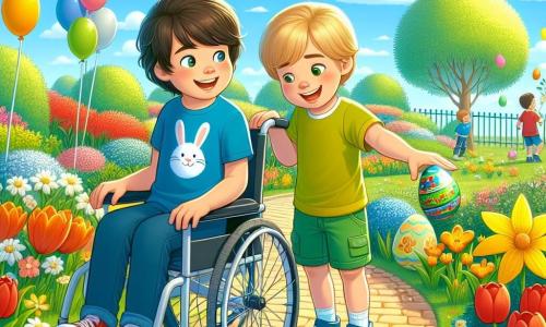 Dans un parc ensoleillé, deux garçons, Tom, 8 ans, en fauteuil roulant avec un t-shirt bleu, et Lucas, 7 ans, en short vert et t-shirt jaune, chassent des œufs de Pâques. Le parc est fleuri avec des tulipes, marguerites et jonquilles, et des arbres verts bordent le chemin. Ils découvrent un œuf de Pâques brillant sous un arbre et se dirigent vers la plus belle fleur du parc, dans une ambiance joyeuse.