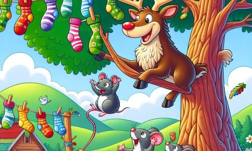 Un renne nommé Rex, avec un pelage brun et des bois majestueux, sourit en grimpant dans un chêne, ses yeux pétillants de curiosité. À ses côtés, Souricette la Souris, espiègle avec son pelage gris, regarde émerveillée depuis une branche inférieure, tenant une plume colorée. Riton le Rat, au pelage brun, se tient en bas de l'arbre, levant les bras en signe d'encouragement, son visage rayonnant d'excitation. Le décor est une ferme ensoleillée entourée de collines verdoyantes, avec un fil à linge coloré où pendent des chaussettes multicolores. Rex récupère des chaussettes accrochées dans les branches, tandis que ses amis l'encouragent, créant une ambiance joyeuse et amicale.