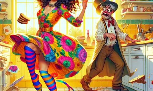 Mélodie, une femme joyeuse d'une trentaine d'années aux longs cheveux bouclés et colorés, danse dans sa cuisine ensoleillée, portant une robe fleurie et des chaussettes rayées. À ses côtés, Gloup, un homme maladroit d'une quarantaine d'années avec un grand chapeau, essaie d'éviter une assiette qui vole, surpris. Grincheux, un homme d'une cinquantaine d'années avec une expression boudeuse, trébuche sur une banane, un gâteau sur la tête, tout en tentant de sourire. La cuisine est lumineuse et colorée, avec des murs jaunes et des objets volants créant une ambiance festive. Mélodie fait voler les objets par sa danse, provoquant rires et joie, tandis que Gloup et Grincheux essaient de suivre le rythme.