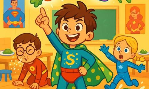Super-Minus, un garçon d'environ 10 ans, porte un slip rouge par-dessus son pantalon bleu et une cape verte à pois jaunes. Il a des cheveux ébouriffés et un grand sourire. Il se tient au centre de la scène, lançant une carotte qui se transforme en chaussette colorée. À sa droite, Super-Glace, une fille de 9 ans avec des cheveux blonds en tresses et un costume bleu scintillant, glisse sur une flaque de purée de brocolis, surprise. À sa gauche, Laserino, un garçon de 10 ans avec des lunettes rondes et un costume rouge, éternue des paillettes en essayant de se relever, l'air confus mais amusé. La scène se déroule dans la cafétéria de l'École des Super-Héros Modernes, avec des tables colorées et des affiches de super-héros. Super-Minus lance sa carotte magique, transformant la purée de brocolis en pluie de chaussettes colorées, tandis que les autres élèves rient et applaudissent, émerveillés par ce spectacle comique.