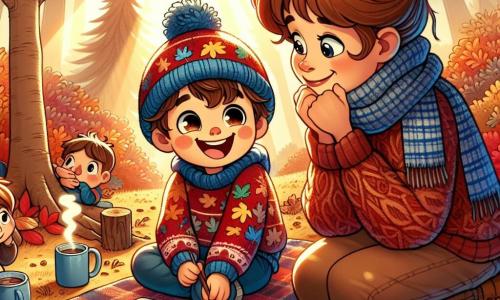 Léo, un garçon de 6 ans aux cheveux bruns en bataille et joues roses, est assis sur un tapis de feuilles multicolores dans une forêt d'automne. Il porte un pull rouge à motifs de feuilles et un bonnet bleu, souriant en tenant un carnet de dessins. Sa maman, une femme d'une trentaine d'années avec des cheveux châtains en chignon, est à côté de lui sur une couverture à carreaux, tenant une tasse de chocolat chaud et lui montrant des biscuits pour le goûter. La forêt est enchantée, avec des arbres aux feuilles dorées, rouges et orange, et le sol couvert de feuilles craquantes. Léo, émerveillé par la nature, dessine des animaux et des feuilles, tandis que sa maman lui parle des merveilles de l'automne, créant un moment magique entre eux.