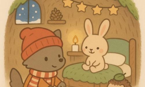 Loupiot, petit loup aux traits doux coiffé d’un bonnet rouge et d’une écharpe rayée, s’agenouille devant le lit pour poser délicatement des chaussons blancs à pompons ; Pompon, petit lapin beige aux longues oreilles, sourit depuis le bord du lit recouvert de mousse tandis que Picotin, hérisson minuscule coiffé d’une feuille, se blottit sur une botte de paille en regardant la scène avec des yeux pétillants. La cabane est chaleureuse — murs de brindilles et mousse, étagère décorée, bougie diffusant une lumière jaune douce — et la scène nocturne cosy de Noël montre de la neige par la fenêtre et des couleurs chaudes contrastant avec le bleu nuit extérieur.