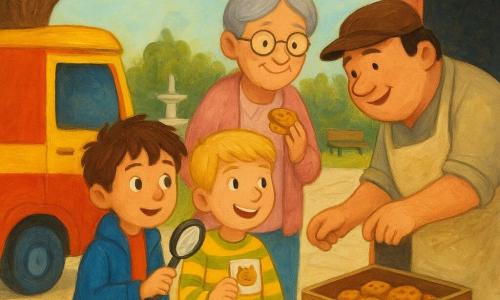 Quatre personnages sur une esplanade ensoleillée : Léo, 5 ans, cheveux bruns en bataille, petit manteau bleu, tenant une loupe et montrant vers un camion à biscuits à gauche ; Tom, 5 ans, cheveux blonds courts, pull rayé jaune et vert, tenant un badge plastifié avec un dessin de chat, à droite de Léo et regardant Mamie Claire ; Mamie Claire, environ 70 ans, cheveux gris en chignon, lunettes rondes, gilet rose clair, souriant et tenant un biscuit partagé ; le vendeur du camion, homme d’âge moyen, rondouillard, casquette brune et tablier beige taché de farine, penché vers la boîte ouverte du camion pour récupérer le badge. Le décor : un grand chêne à gauche, dalles claires, fontaine basse en arrière-plan, petit camion rouge et jaune garé près du chêne avec une boîte à biscuits ouverte, fleurs sauvages et bancs en bois, ciel bleu pâle, ombres chaleureuses et textures gouache visibles. La scène : les deux petits enquêteurs montrent le badge retrouvé au vendeur pendant que Mamie Claire récupère son biscuit partagé ; atmosphère douce et joyeuse, sourires, gestes calmes et miettes scintillantes.