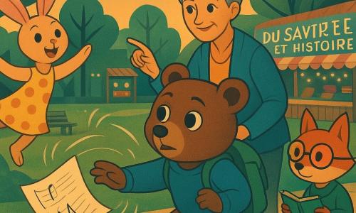 Nino, un ours anthropomorphe de 12 ans au pelage brun et aux yeux inquiets, en sweat bleu et sac à dos vert tend la patte pour attraper une feuille volante ; derrière lui, Mme Lila, professeure humaine quarantaine, cheveux gris en chignon, souriante, lui montre la direction ; à gauche une camarade lapine aux grandes oreilles roses en robe jaune à pois saute pour aider, à droite un petit renard roux aux lunettes tient un carnet et observe la feuille ; arrière-plan : parc crépusculaire avec pelouse, arbres géométriques, bancs et stands du 